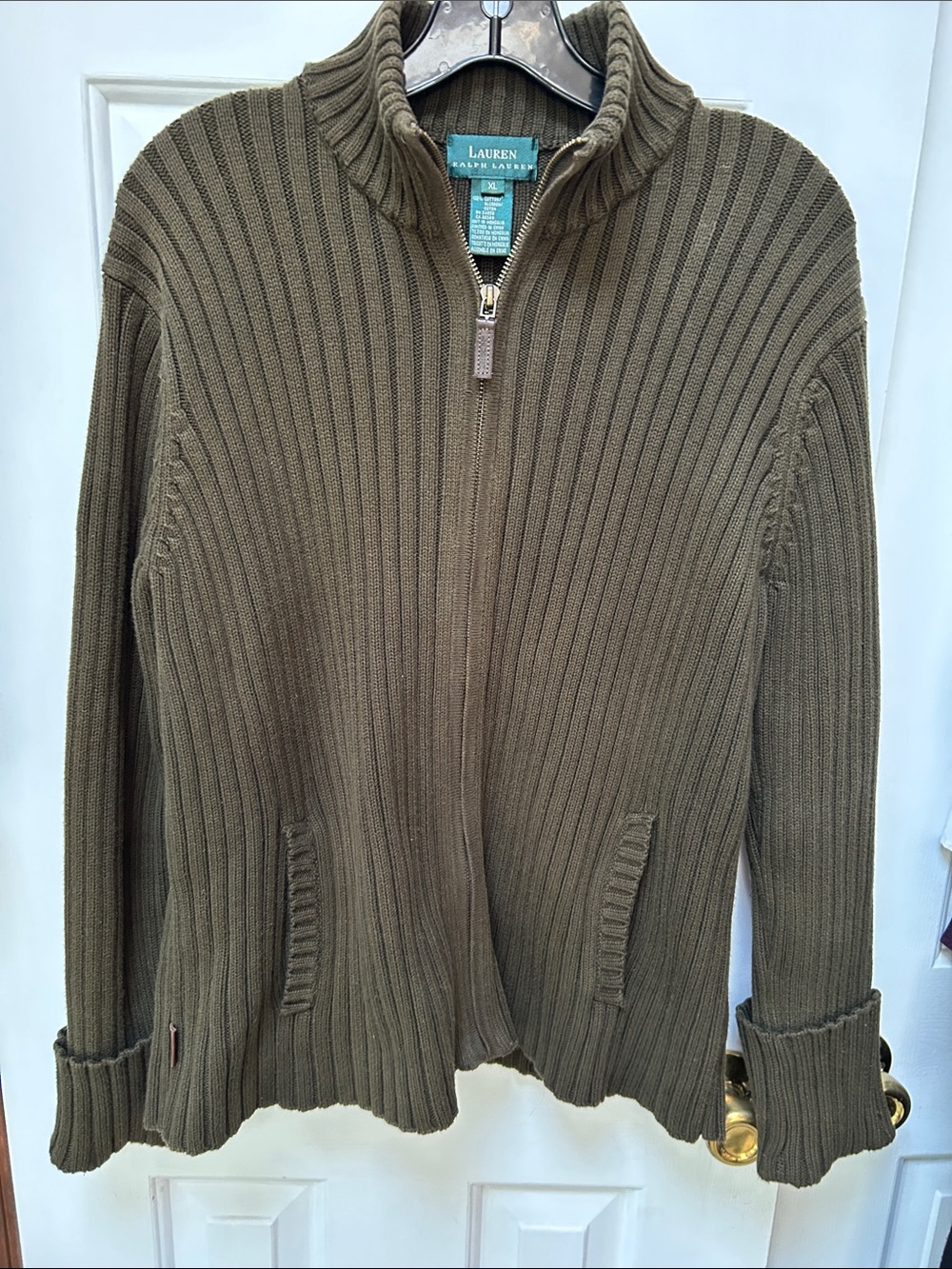LaurenRalphLauren RibKnit DeepOliveGreen Cardigan,XL. 💯 Cotton. Knit in Mongolia